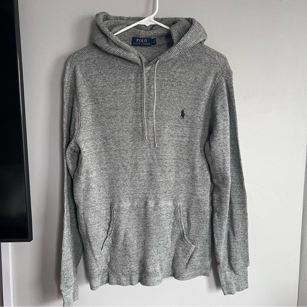 Polo Ralph Lauren Waffle Knit Hoodie Top Gray Navy Pony Logo M